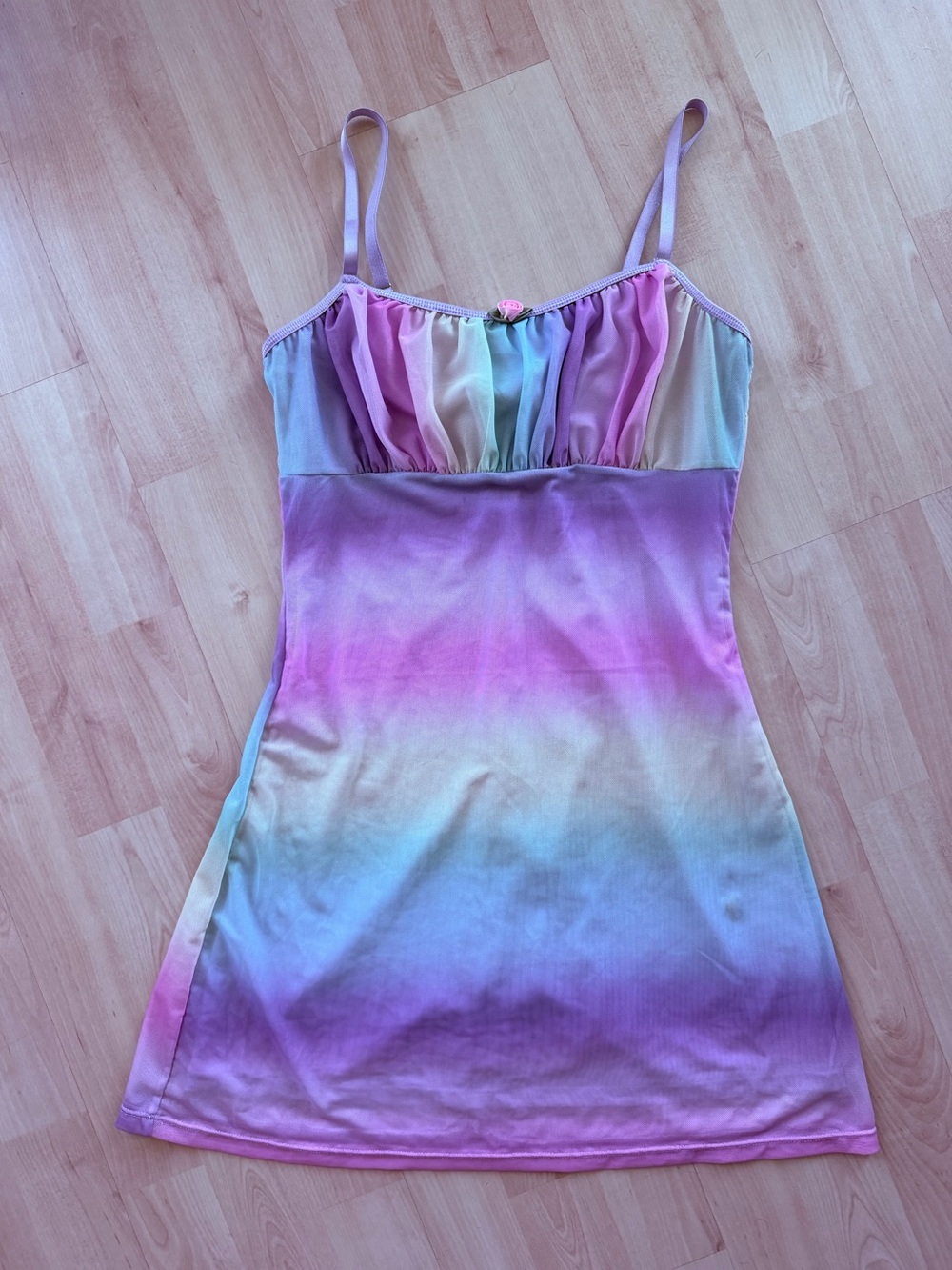 Sugar Thrillz Pastel Rainbow Ruched Mini Dress — Lavender, Pink, Blue, Mint